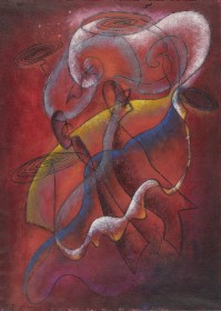 Deep red abstract painting, with swirling white, blue and yellow lines 