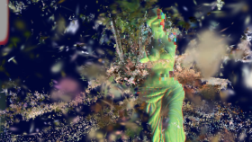 A distorted, abstract image of colours and organic shapes