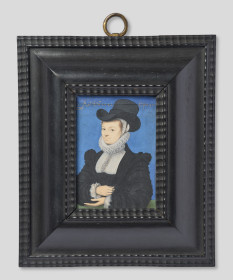 Painting in an ornate black frame of a woman in 1500s menswear.