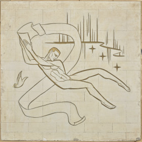 Elizabeth Wyn Wood, Receiving, c. 1957-61. Plaster, paint, Overall: 158.3 × 153.6 × 2 cm.
