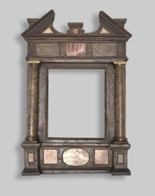 French, Architectural frame for a Portrait Miniature, mid-1500s. Wood, six varieties of stone, and copper alloy with paint and gilding.