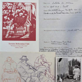 a photo of 4 images from the Heliconian artist file featuring drawings, photgraphs, and handwritten notes. 