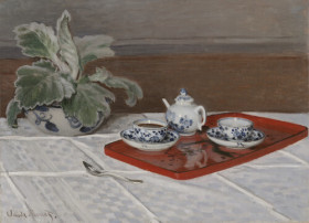 Impressionist style painting of tea being served on a red tray