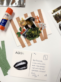 Photo of a collage on an AGO postcard