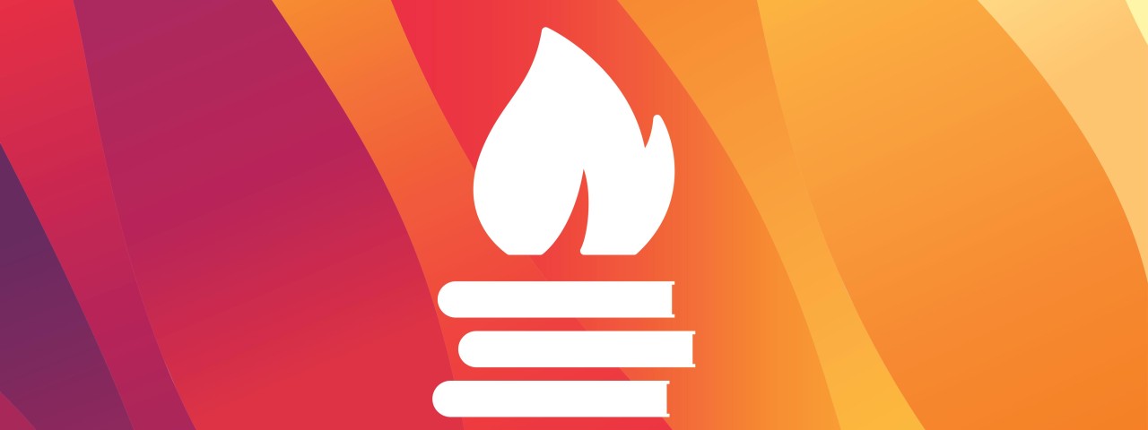 Abstract flame colours and patterns behind a white logo of a flame over three horizontal lines as books 