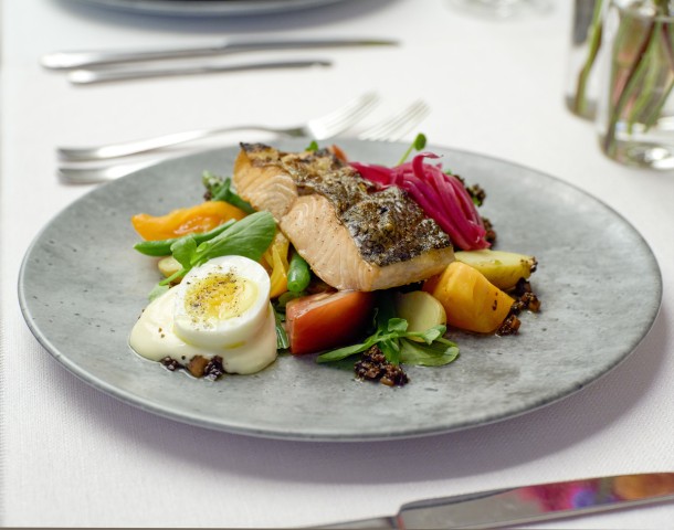 salmon Niçoise - salmon on bed of vegetables with soft boiled egg