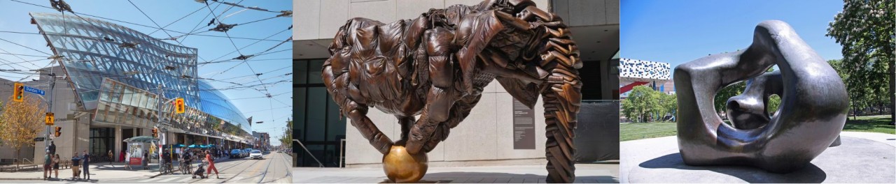 Left to right: Frank Gehry. Transformation. Building facade, glass and wood. | Brian Jungen, Couch Monster: Sadzěʔ yaaghęhch’ill 2022. Bronze. Collection of the Art Gallery of Ontario. 2022/1. | Henry Moore. Henry Moore's Large Two Forms. Bronze.