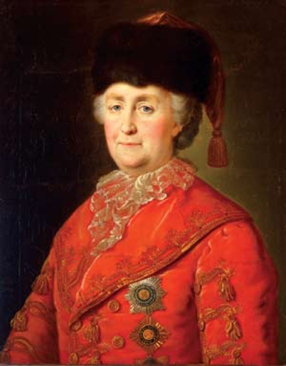 Unknown artist, after portrait by Mikhail Shibanov,  Catherine II in travelling costume, after 1787. 