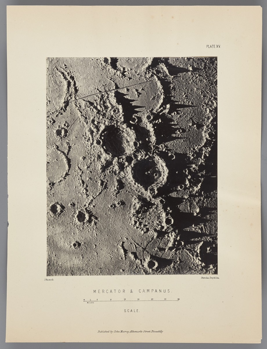 Black and white photograph featuring a plaster cast of a drawing of the moon's surface