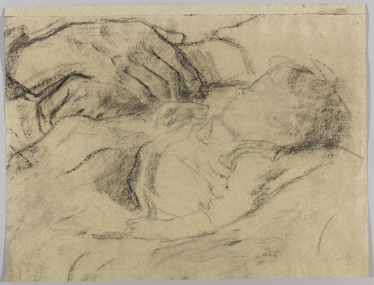 A Kathe Kollwitz charcoal drawing of a baby resting on a woman's lap, her hands folded next to it.