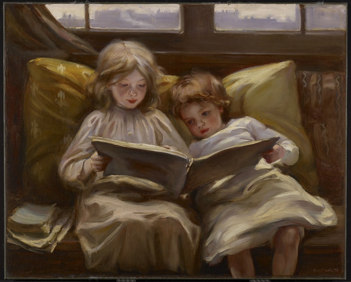 Lyall's Interesting story, A painting of two children reading a book