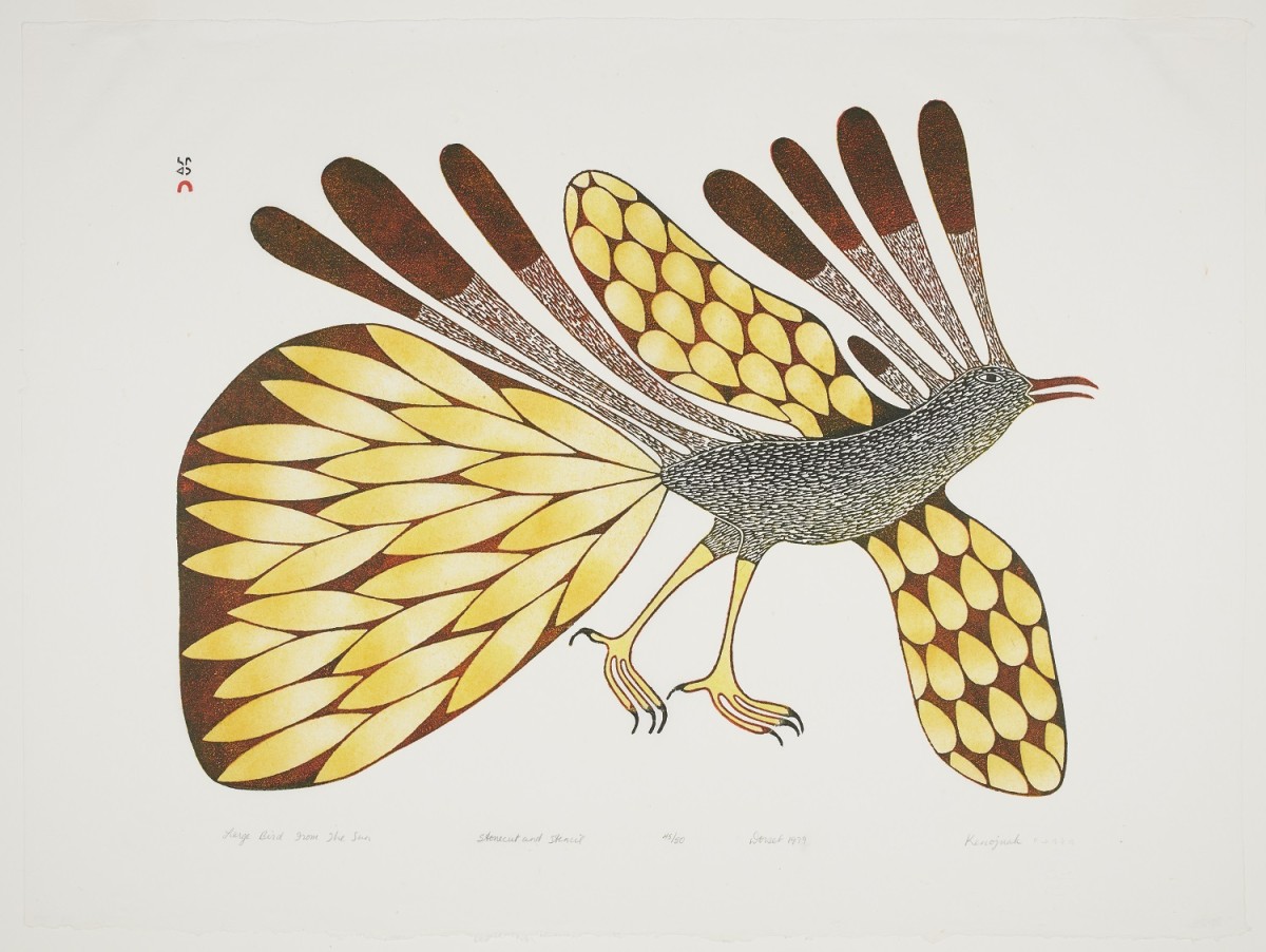 A drawing of a grey bird with golden wings