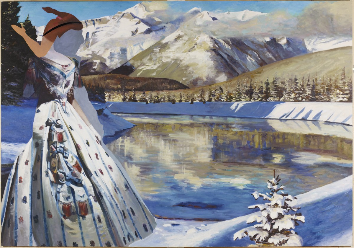 Joanne Tod's painting "Chapeau Entaillé," featuring a woman in a winter mountain landscape.