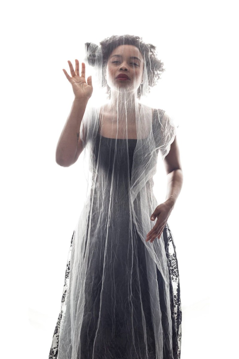 Performer Dainty Smith looking through a sheer veil, with one hand up against it.