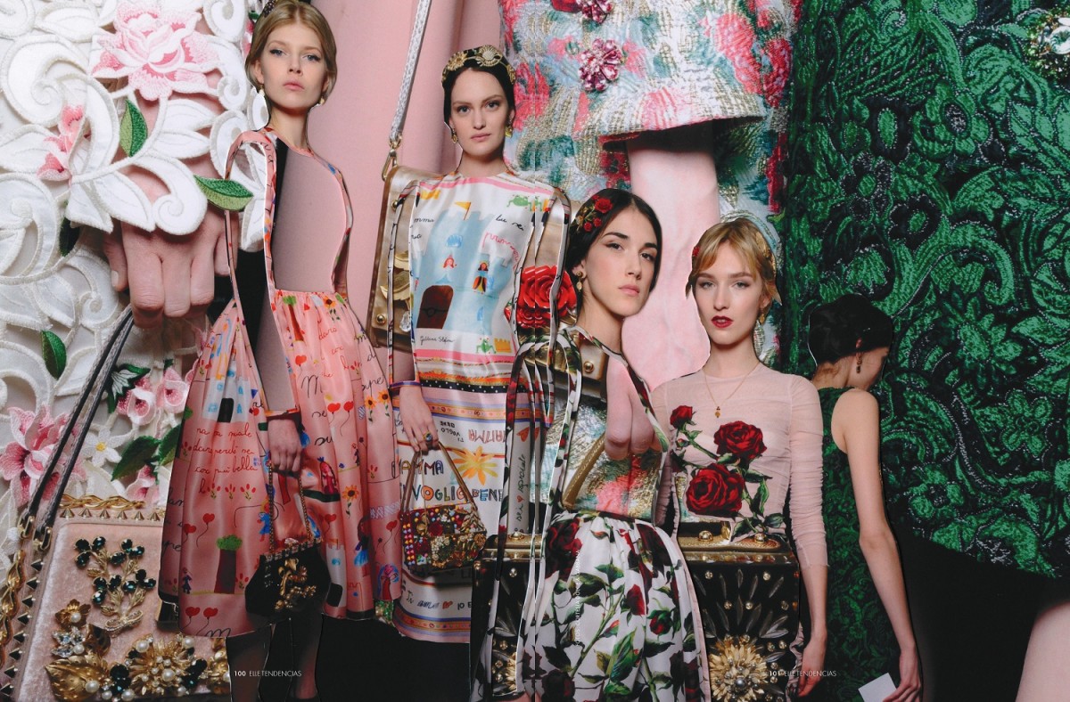 A collage image of fashion models, floral prints, and flowers.