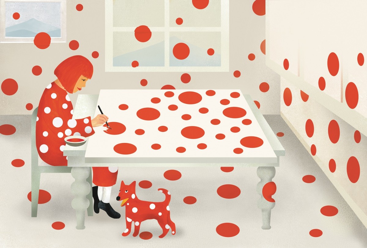 An illustration by Ellen Weinstein of Yayoi Kusama painting at a table in a room covered in red and white polka dots.