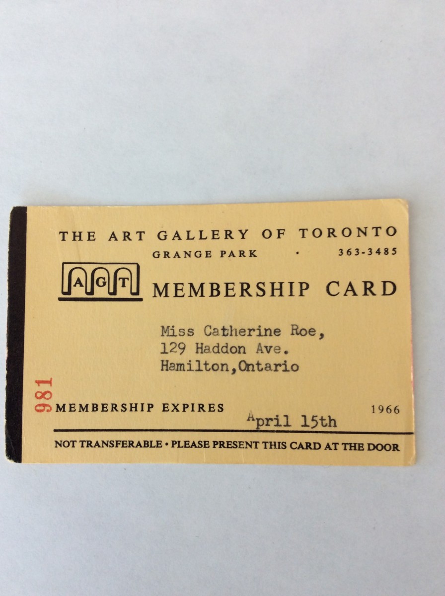 Yellow membership card for the Art Gallery of Toronto from April 15th, 1966.