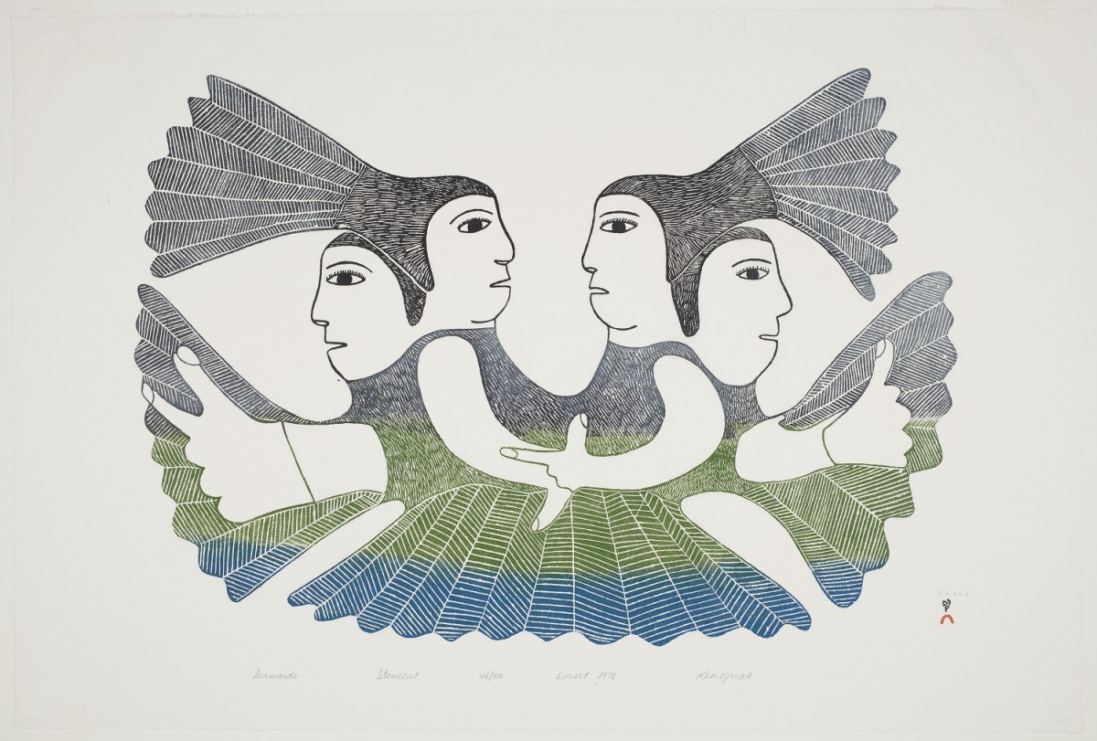 drawing of a four headed sea creature in green, blue and greys