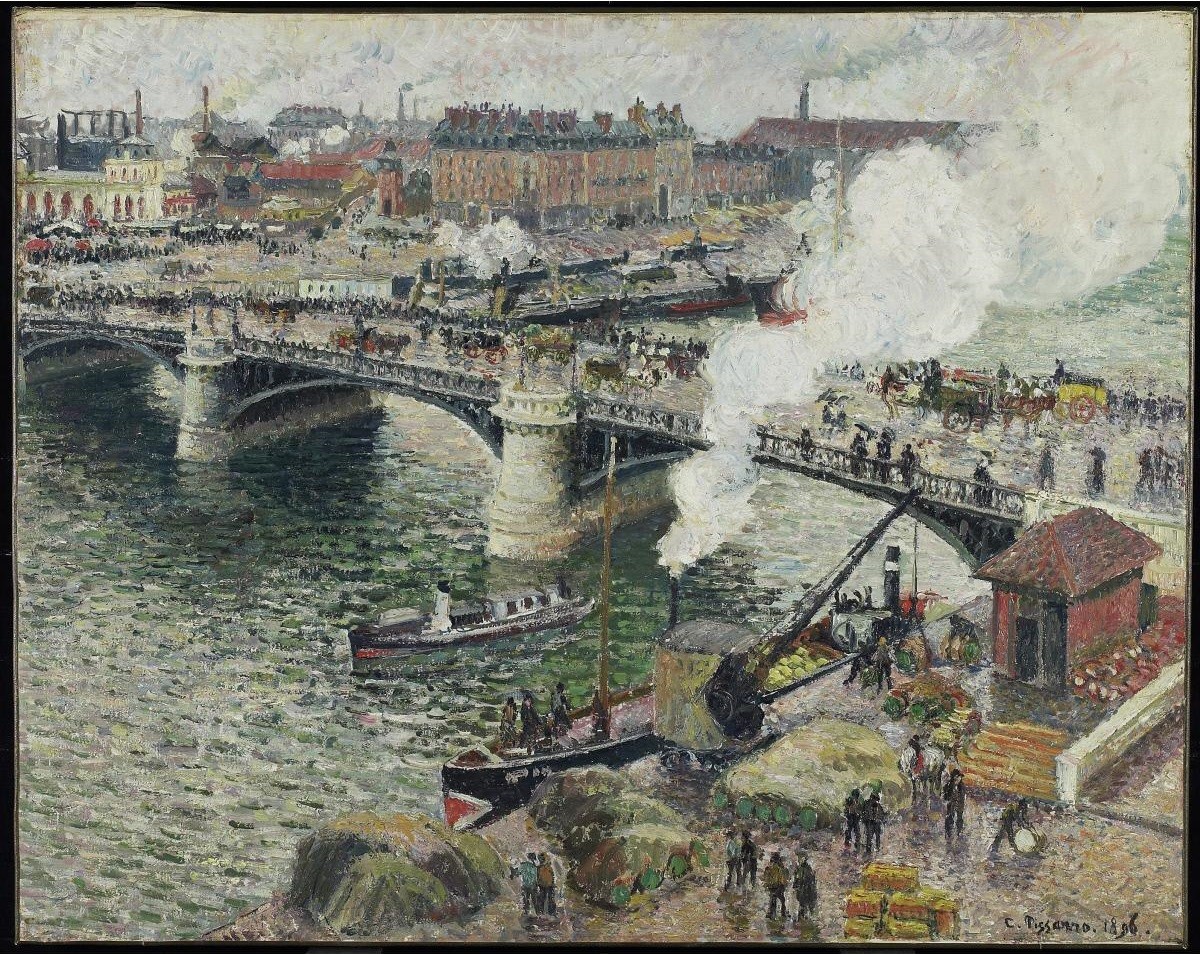 Pisarro's Le pont Boieldieu à Rouen, a painting of a bridge over a river