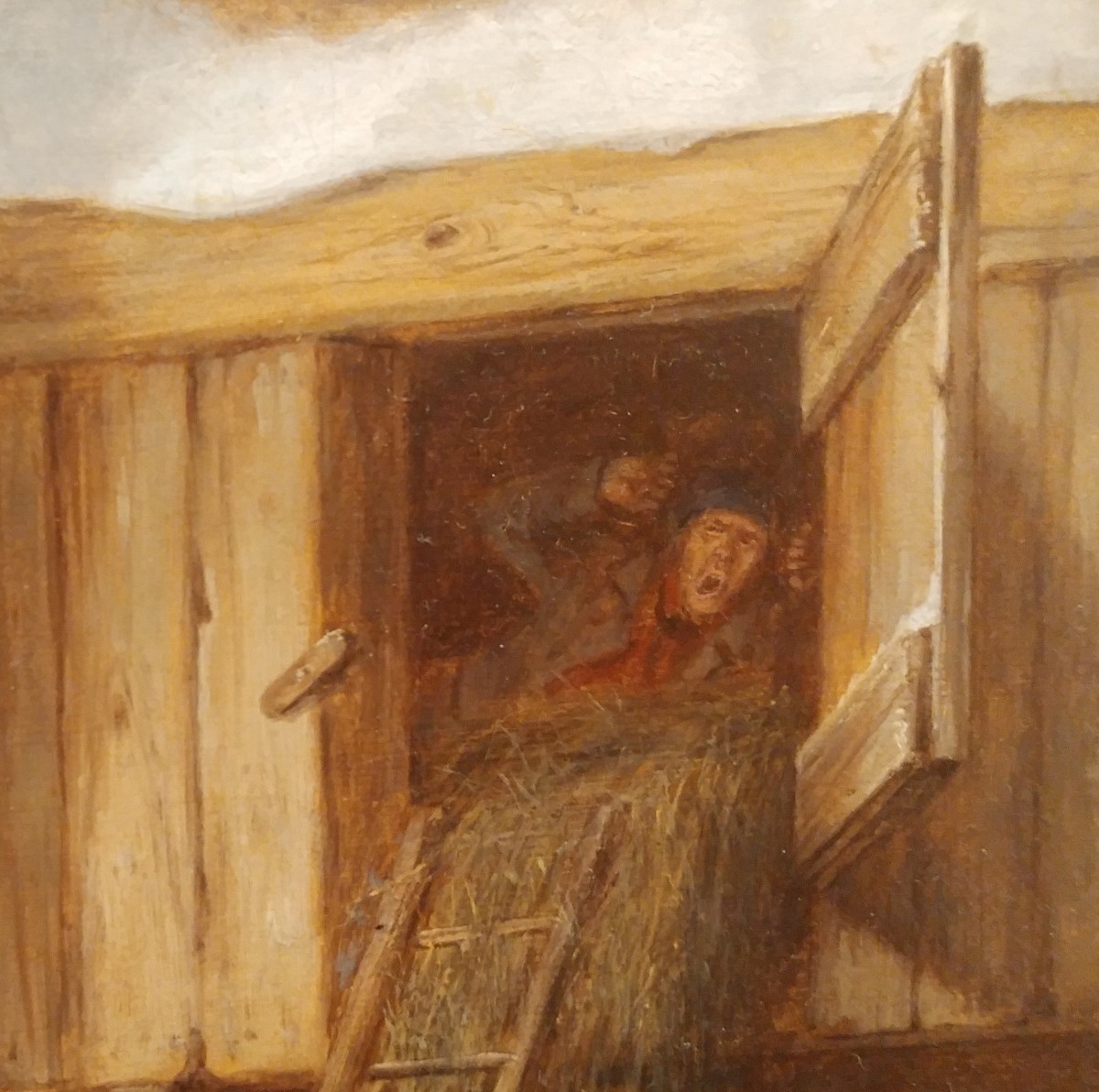A close up of a Conrnelius Krieghoff painting featuring a man waking up from a nap in a barn. 