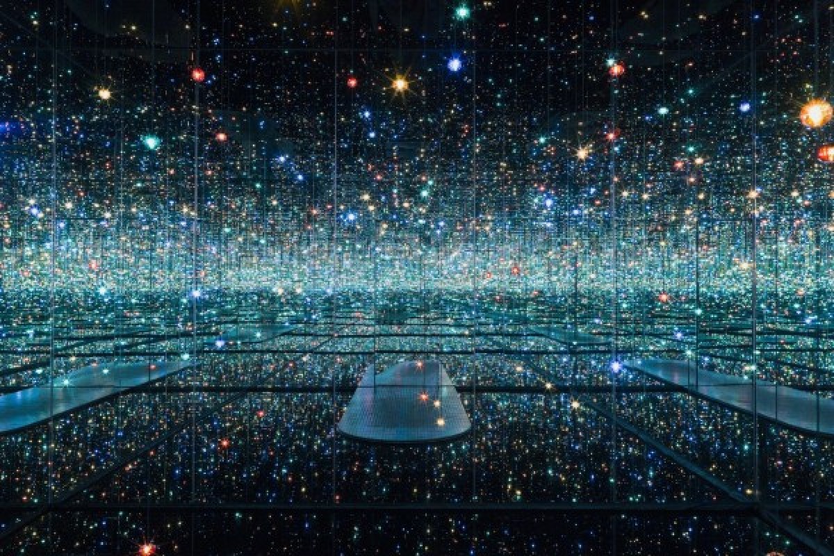 The inside of Yayoi Kusama's Infinity Mirror Room, "The Souls of Millions of Light Years Away."