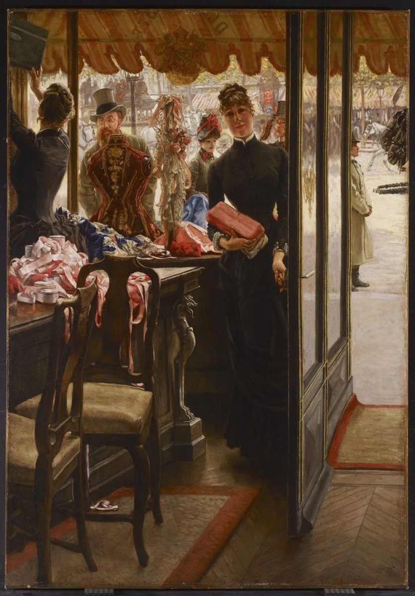 A painting of a woman looking into a shop window from the street in in 19th century Paris