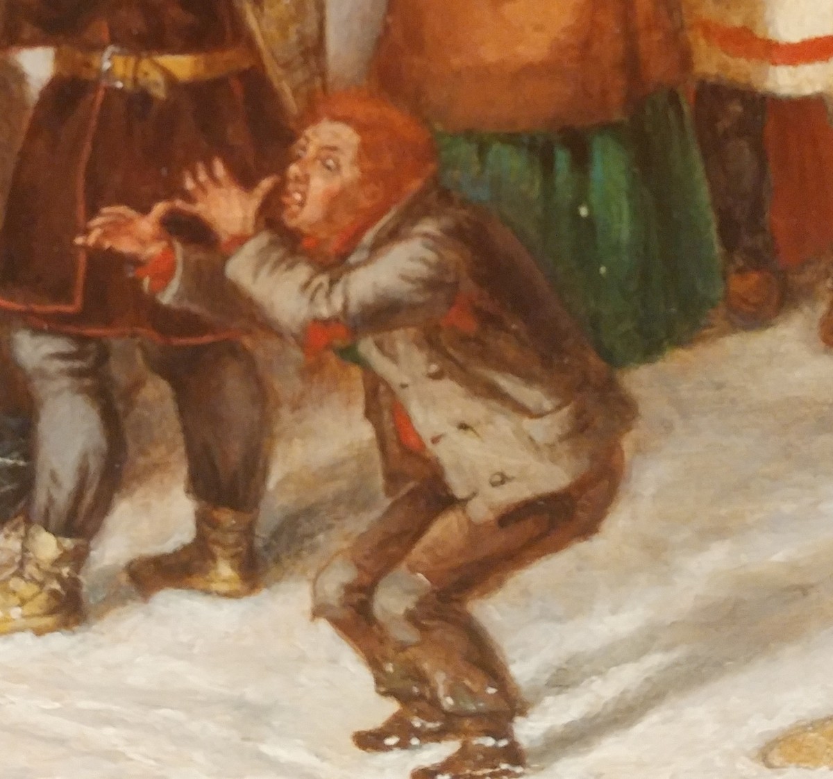 A close up of a Conrnelius Krieghoff painting featuring a man making a mocking face.