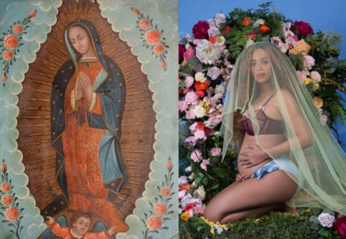 A portrait of the Virgin Mary and photo of Beyonce