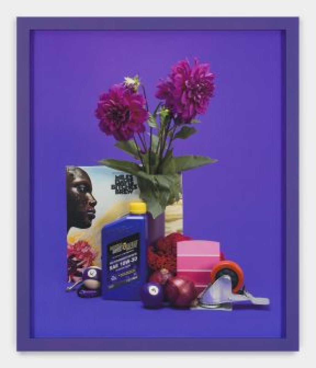 purple background with flowers and other objects