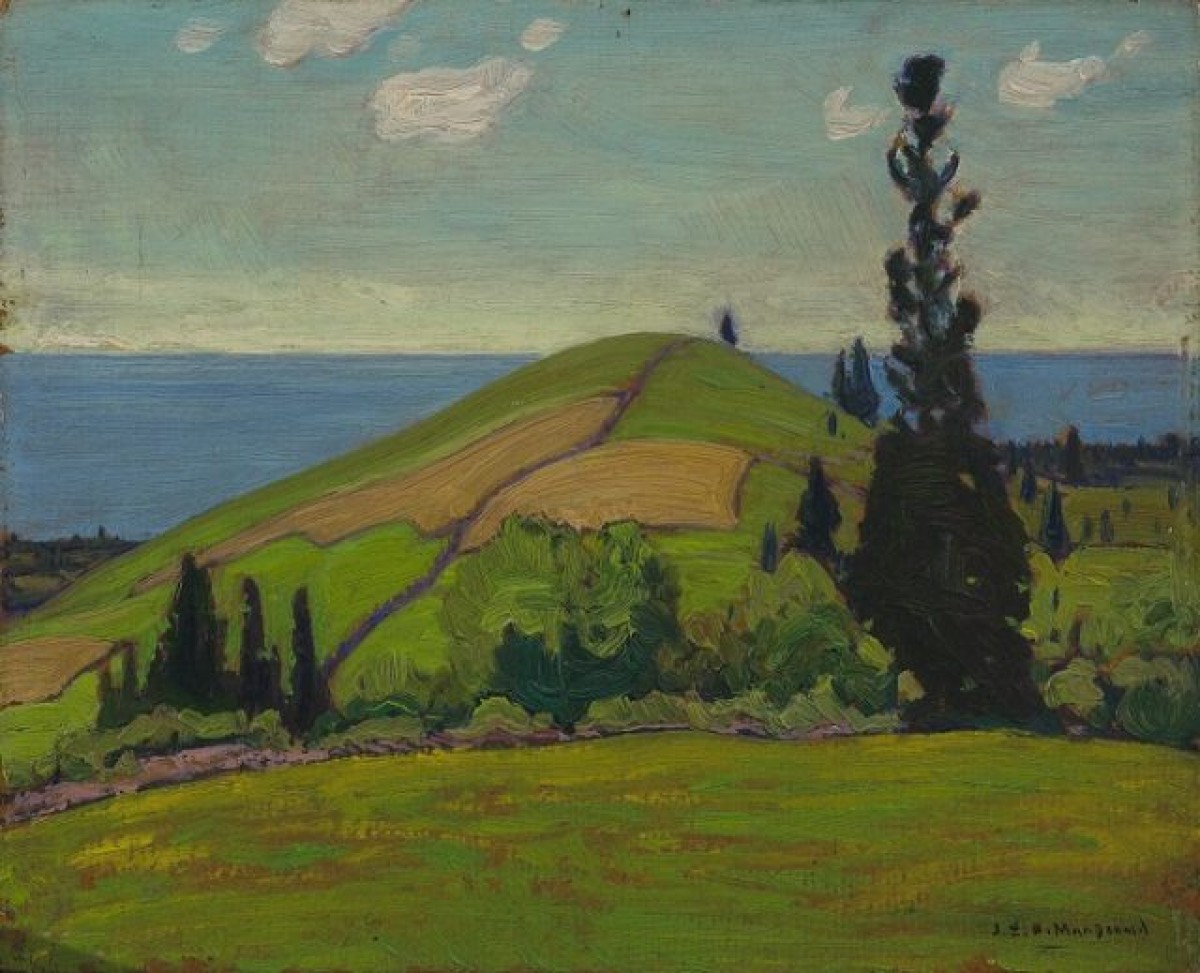 A painting with a hill in the foreground and a sky in the back