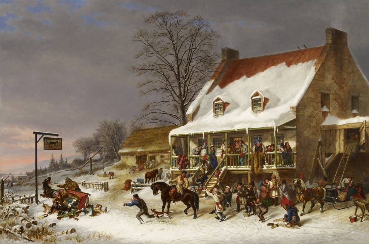 Cornelius Krieghoffs painting of a wild crowd in front of a mid-19th Century bar in the early hours of the morning.
