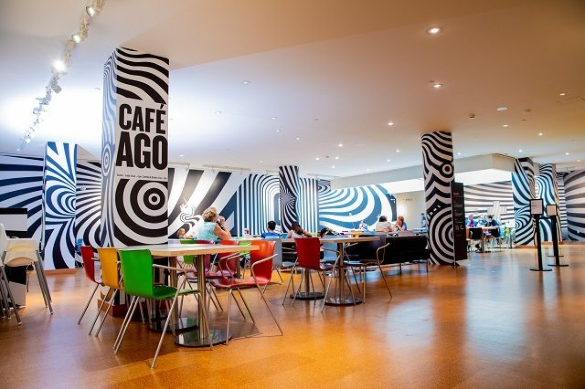 Photo of AGO Cafe with black and white design on the walls