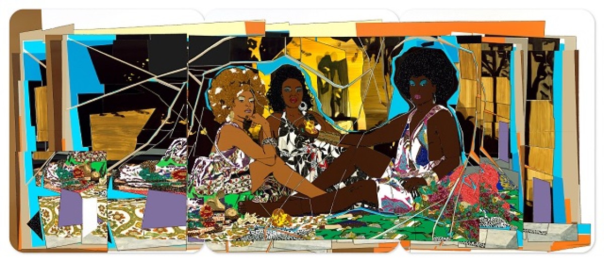 a multimedia painting featuring three Black women 
