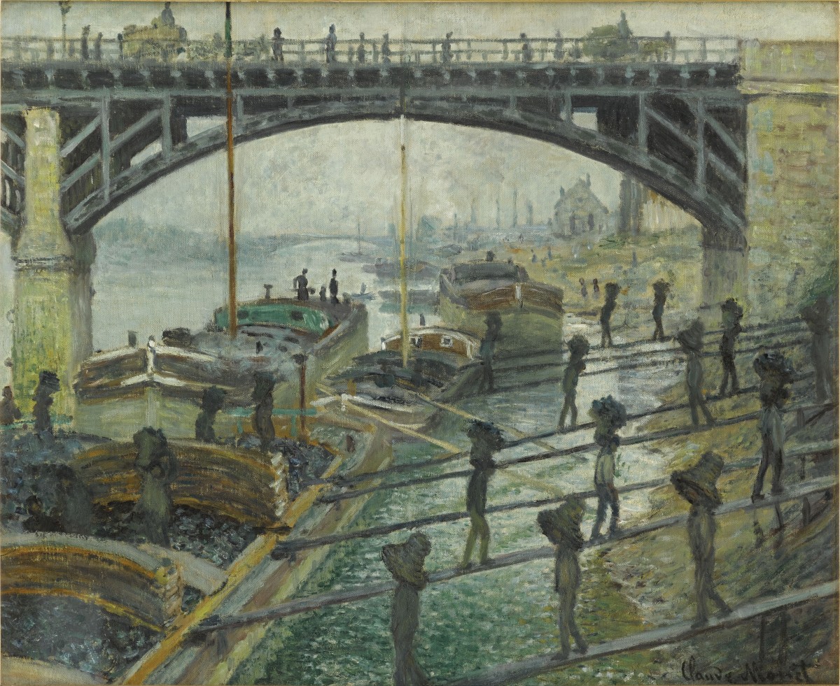 Image of bridge and workers painted by Claude Monet