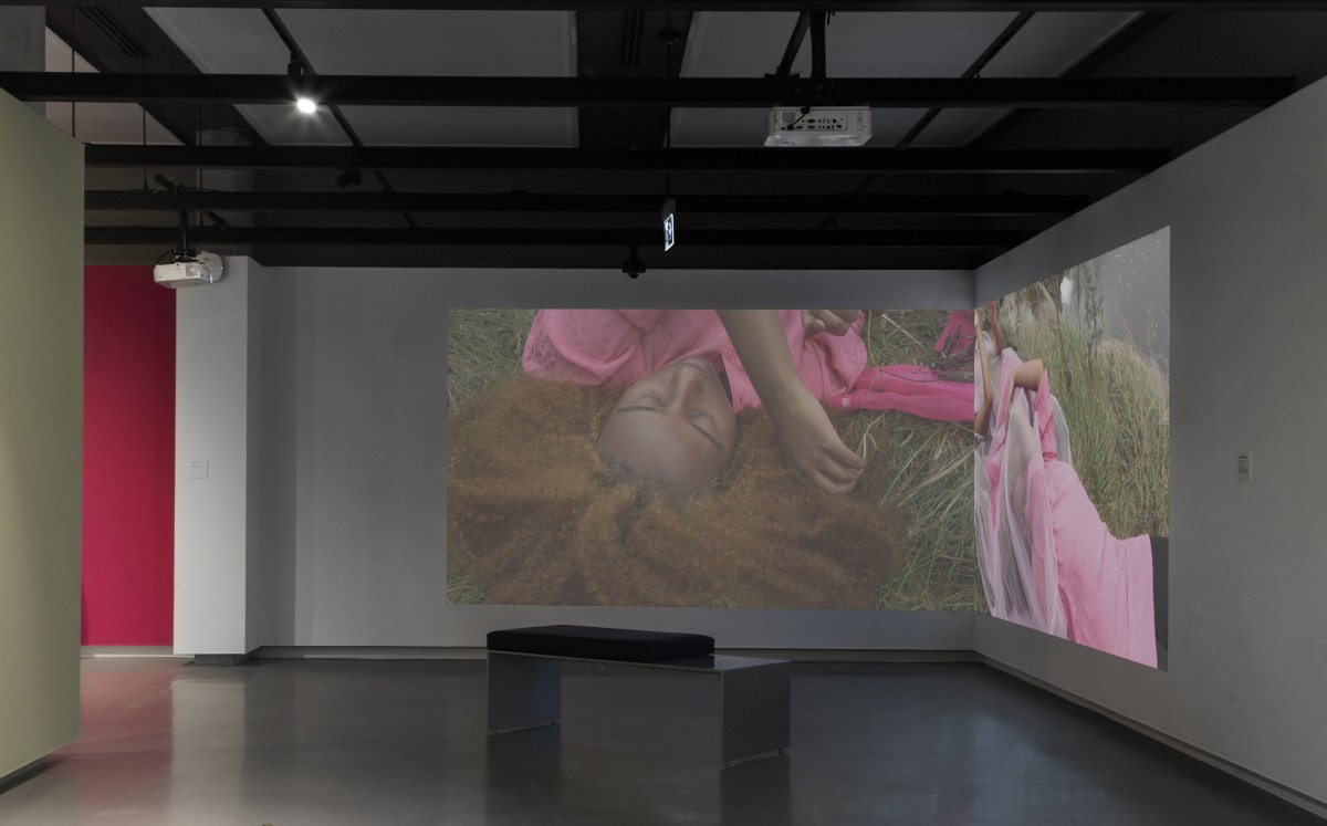 a film is playing in a gallery, showing a Black women wearing pink laying in the grass