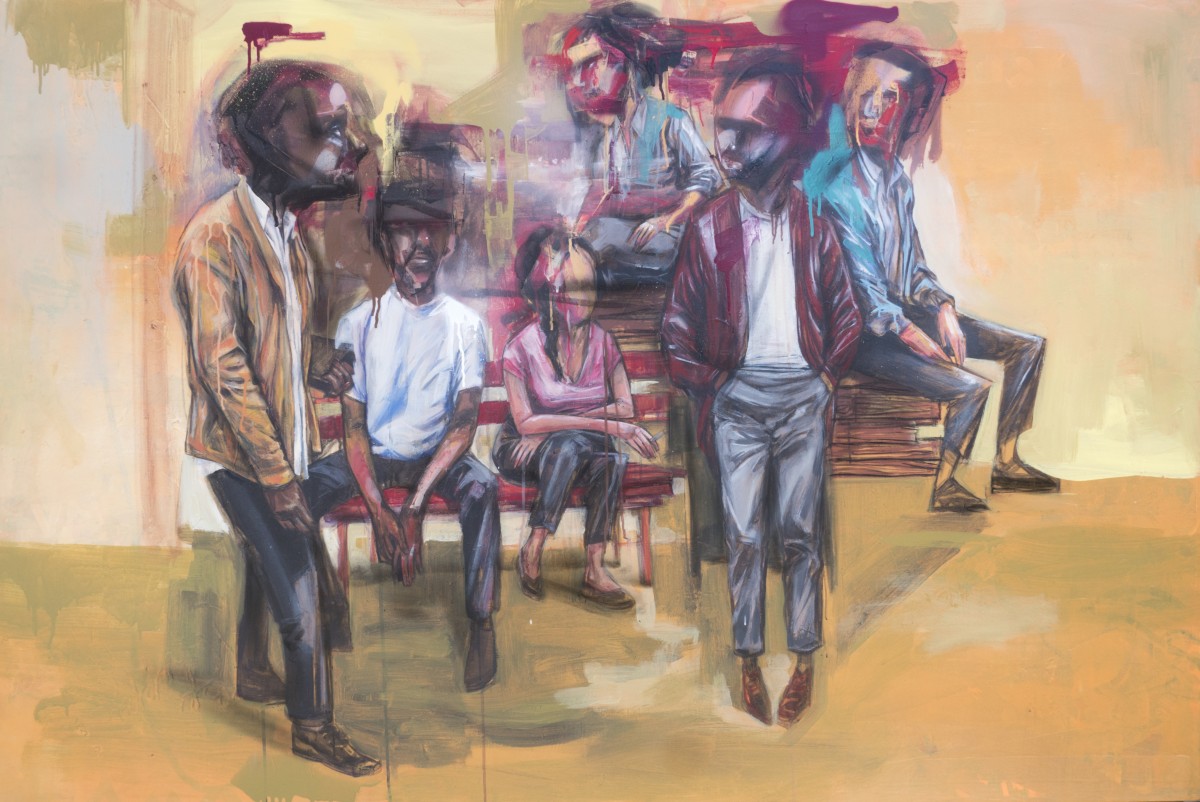 Painting of a group of people sitting on bench and standing by Elicser Elliott