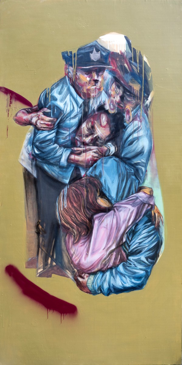 Group painting of man hugging woman and police officers arresting a man 