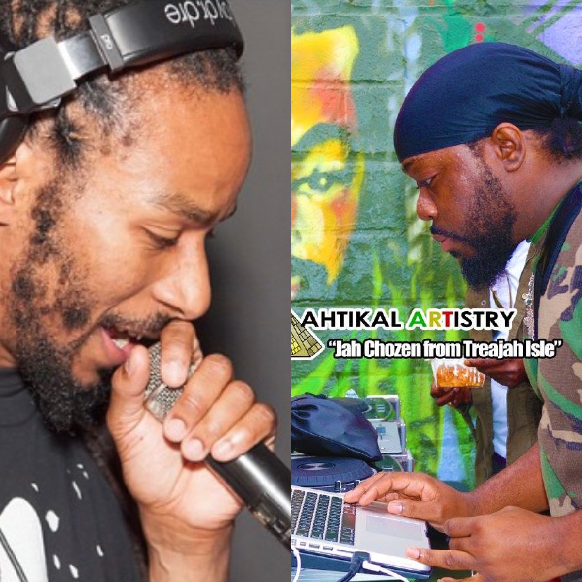 Composite headshots of DJs Kevin Hood and Richard Wright, both in profile, Kevin Hart wearing black headphone, black tshirt and speaking into a mic; and Richard Wright in a camo tshirt, navy blue durag, standing over a silver laptop with text reading "Ahtikal Artistry, Jah Chozen from Trejah Isle" imposed on the phot.  