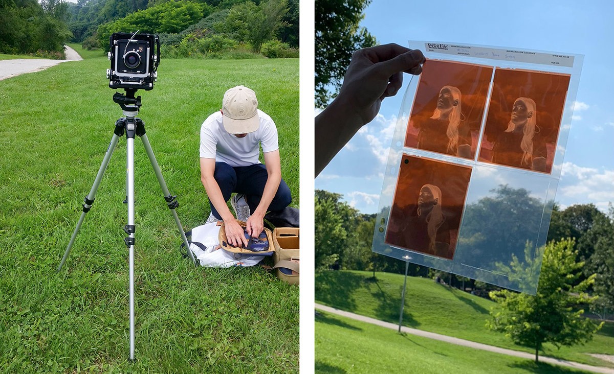 Left: Artist preparing camera for photoshoot, right: Film negatives of photographs of Workers’ Dance (Young Workers, 2021).