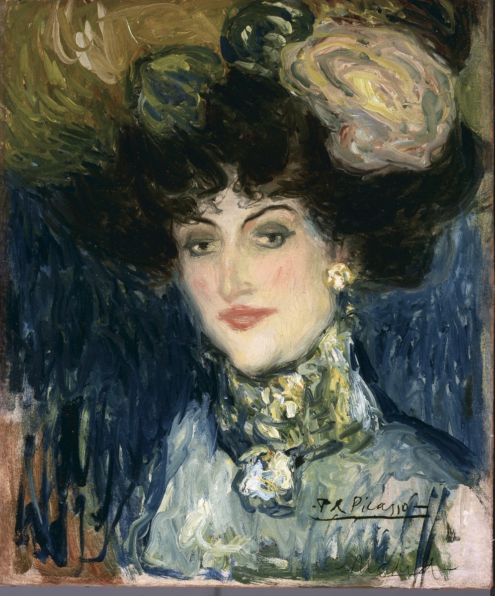 Portrait of a lavishly dressed woman with dark hair and a quizzical brow, adorned by a feathered large hat, against a dark blue backgrop.