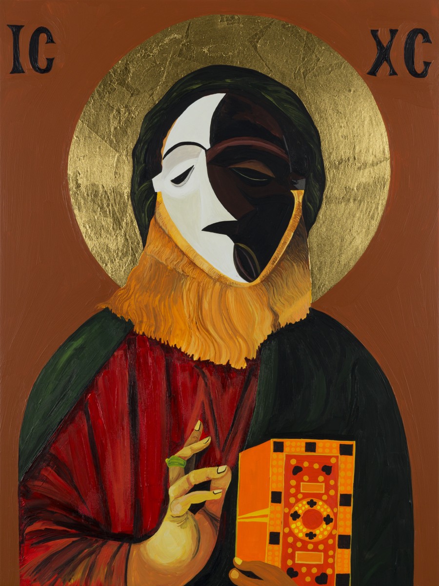 Painting of figure with African mask with gold halo, on light brown background.