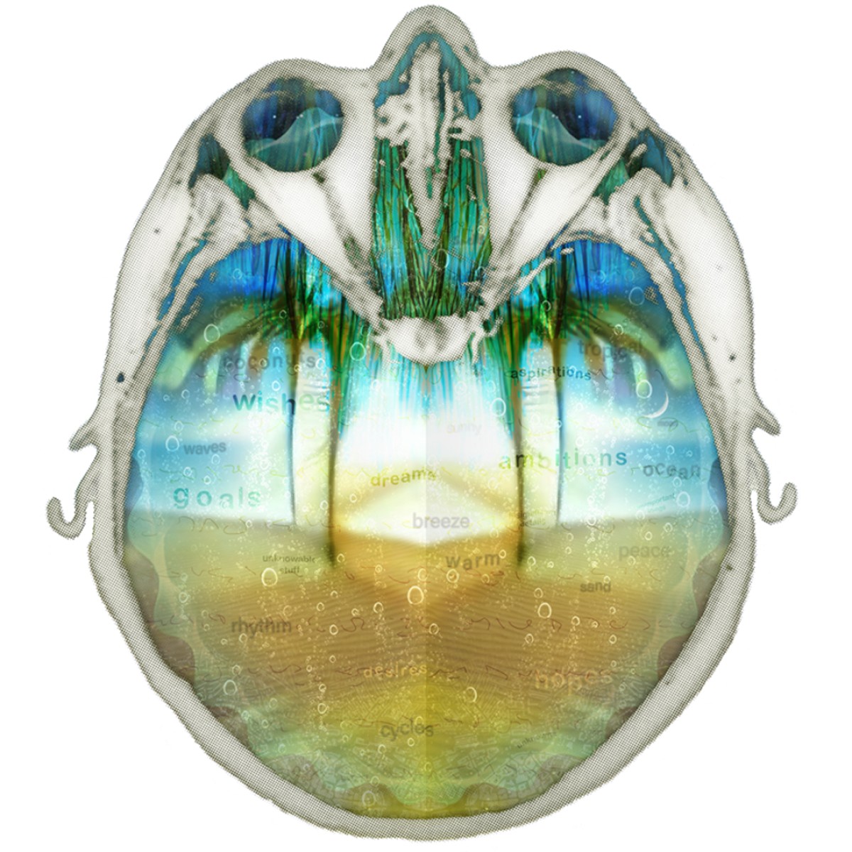 MRI scan of brain with beach scenery in the middle