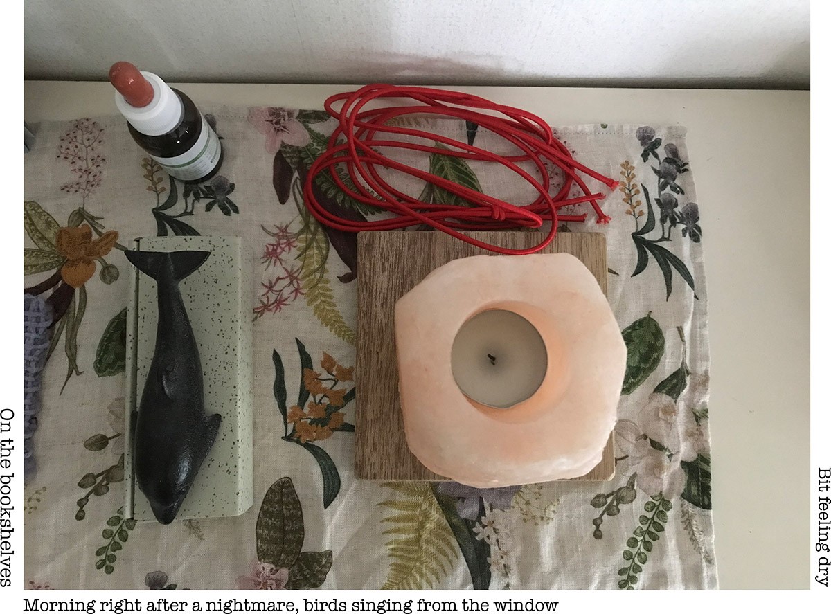 A photo of a red string placed behind an orange candle body placed on a wooden plate. Next to the string, a small glass container is placed. In front of it, there is a square plate made of ceramic on which a small dolphin sculpture is placed. All of them are placed on a cotton flowery mat placed on a white shelf. Around the photo, there is a white background on which the following words are written: On the bookshelves. Morning right after a nightmare, birding singing from the window. Bit feeling dry.