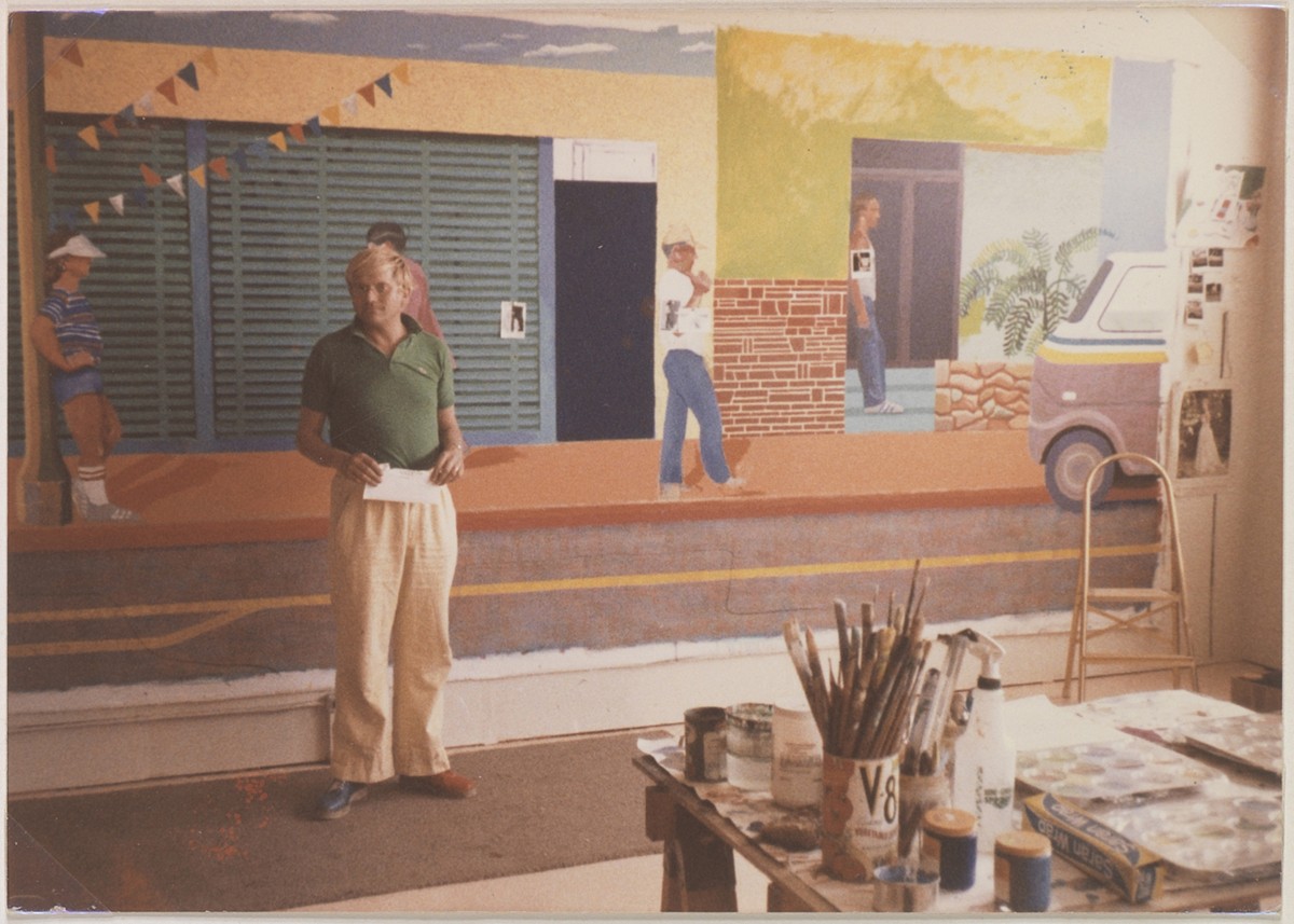 David Hockney working on "Santa Monica Boulevard" in his studio, West Hollywood, California, circa 1978-80. 