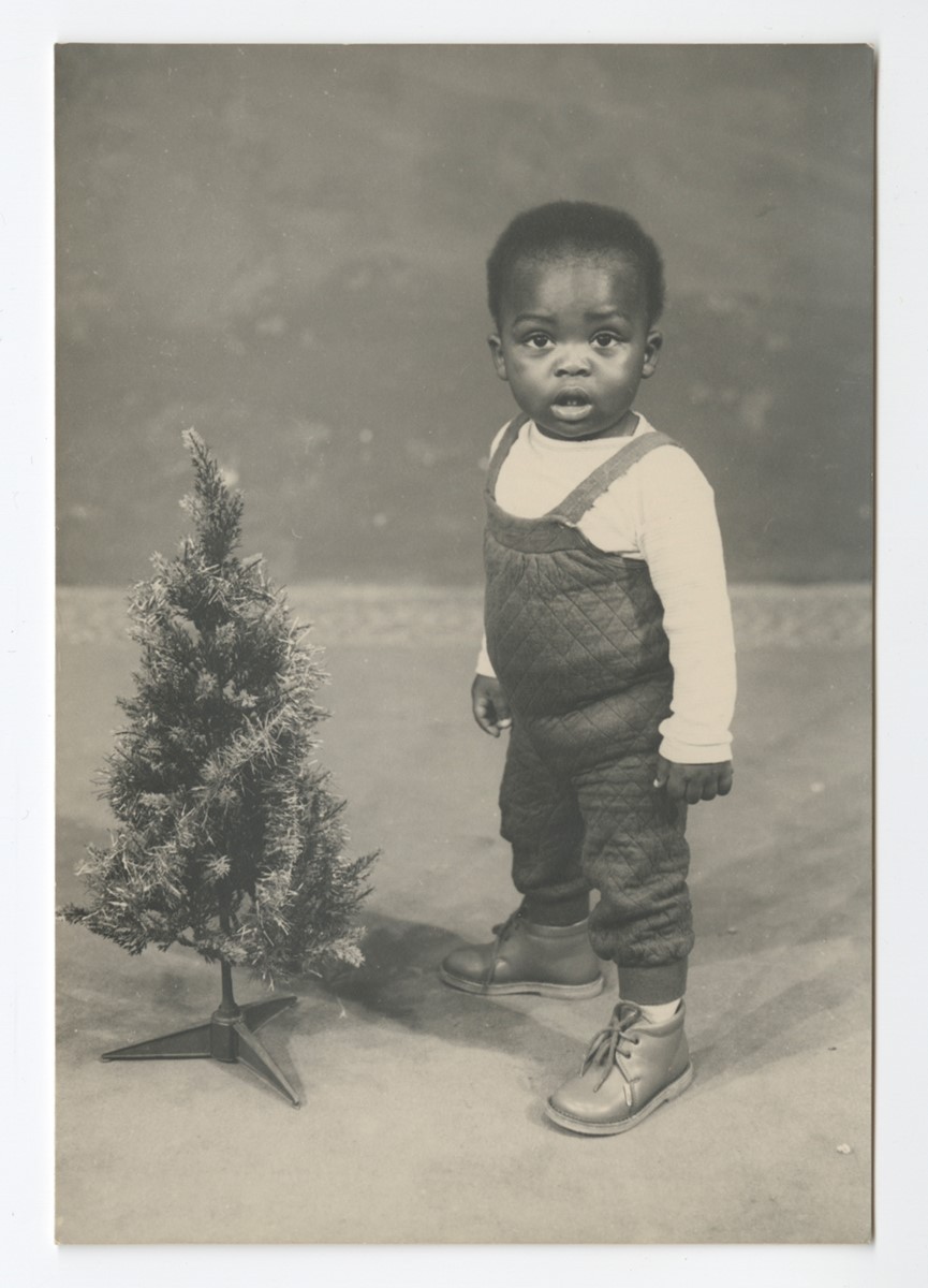 A toddler boy looks towards the viewer. He stands beside a small Christmas tree.