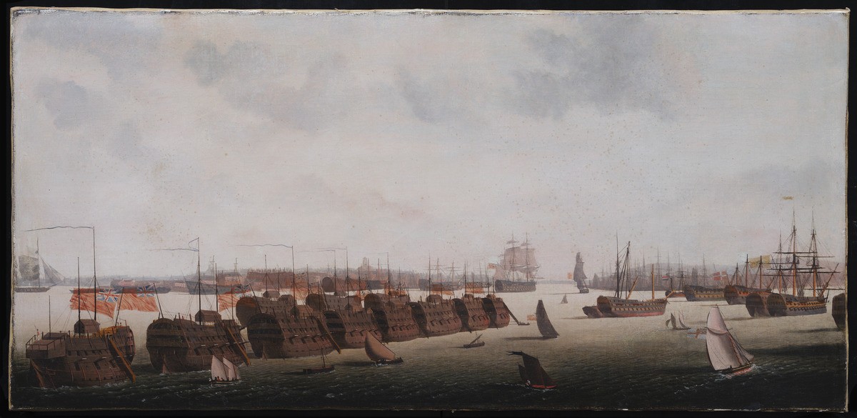 painting: Prison Hulks in Line Ahead at Portsmouth Harbour by Louis Garneray, c. 1790, oil on canvas