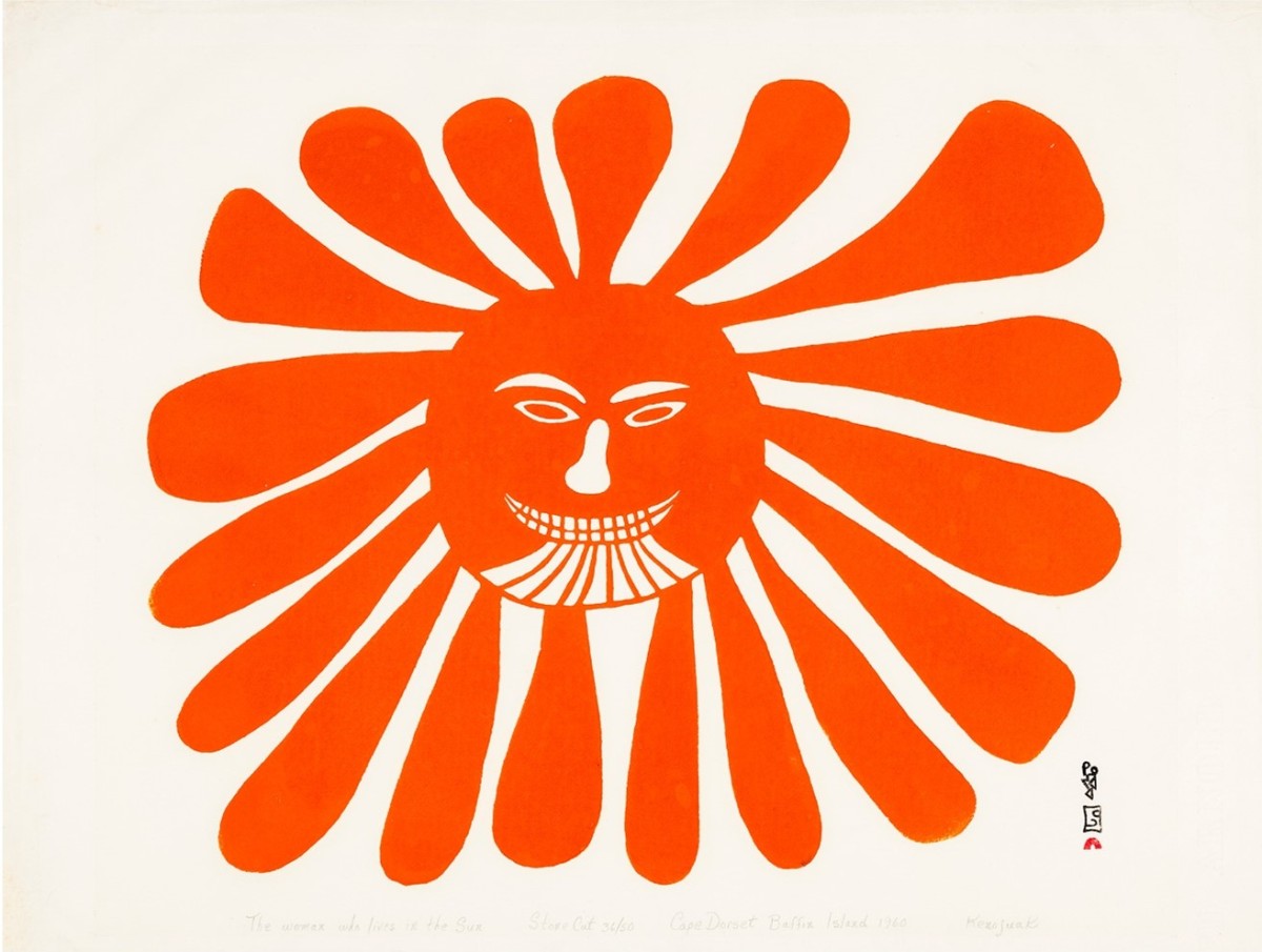 Inuk Print of smiling sun in red with chin tatoo