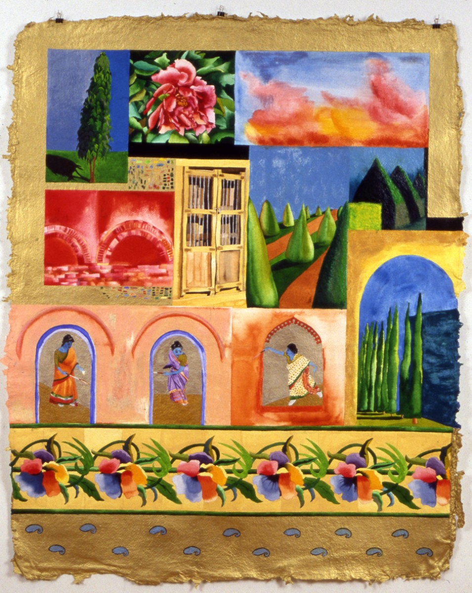 A colourful mixed-media painting on paper depicting a diverse array of images.