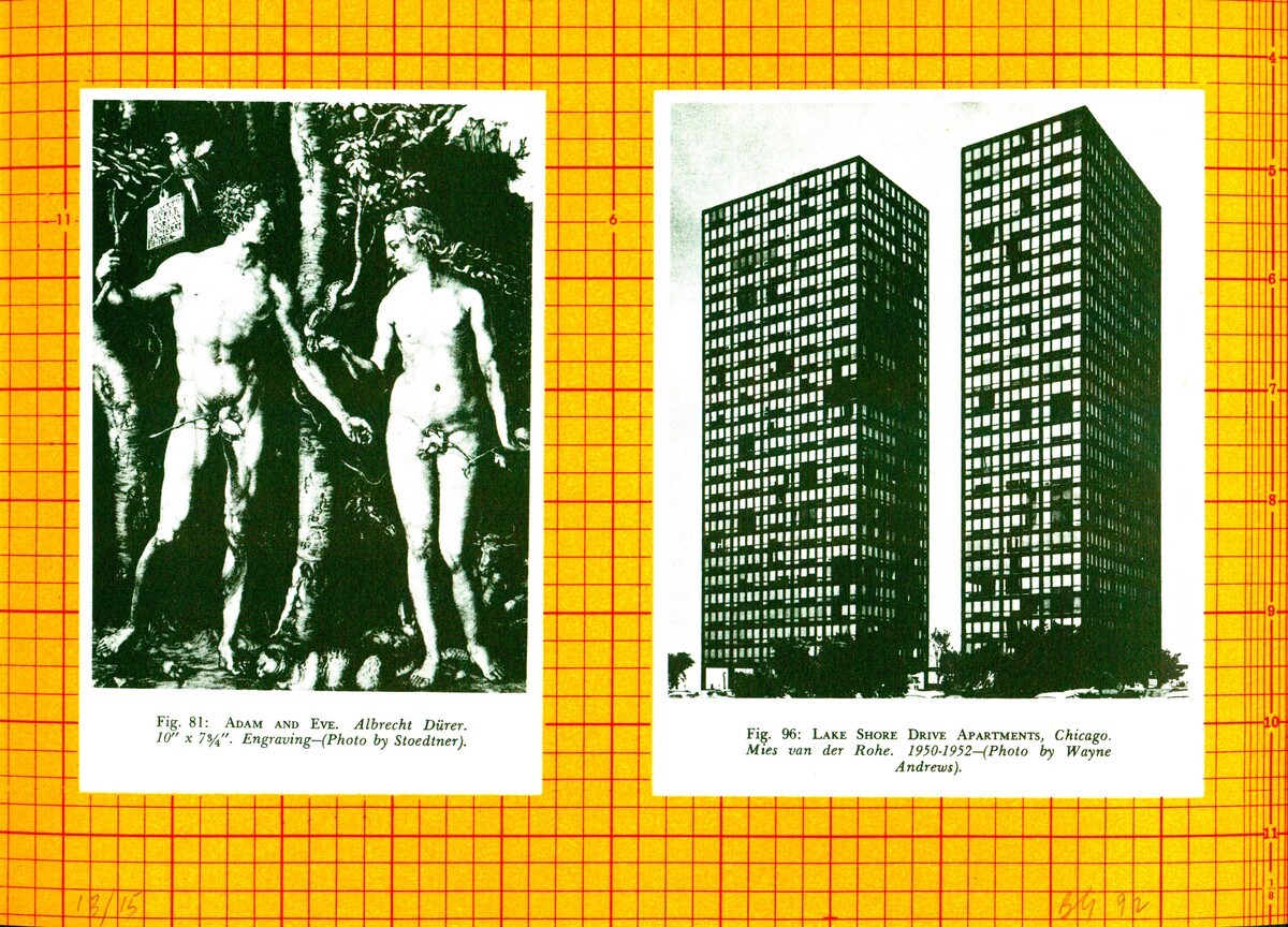collage of black and white prints on yellow graph paper 