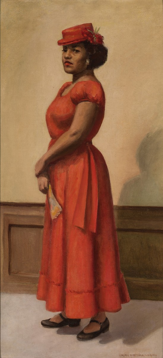 Painted portrait of woman in ankle length dress and matching hat, holding fan